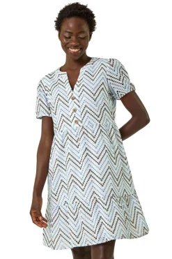 Dresses>Roman Blue Zig-Zag Embroidered Cotton Tunic Dress