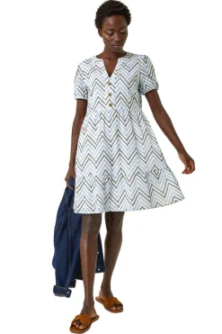 Dresses>Roman Blue Zig-Zag Embroidered Cotton Tunic Dress