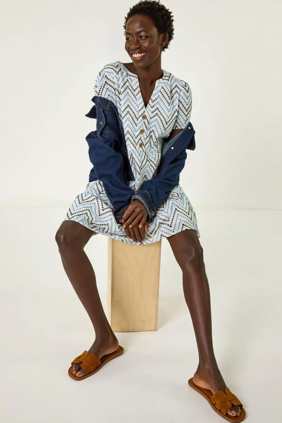 Dresses>Roman Blue Zig-Zag Embroidered Cotton Tunic Dress