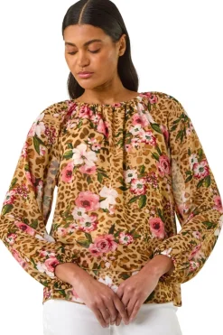 Tops>Roman Brown Animal Floral Print Tunic Top
