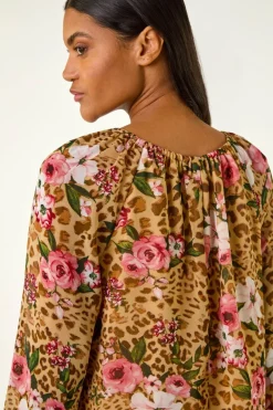 Tops>Roman Brown Animal Floral Print Tunic Top