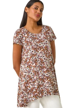 Tops>Roman Brown Animal Print Hanky Hem Stretch Top