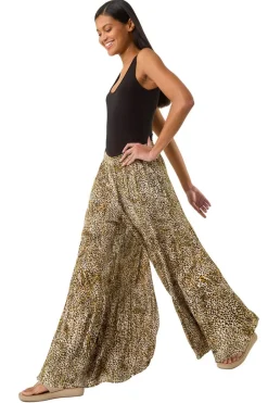 Trousers>Roman Brown Animal Print Tiered Palazzo Trouser
