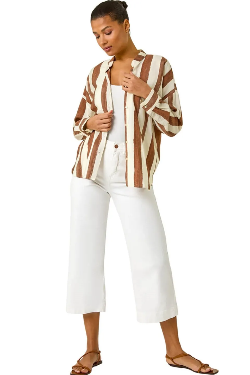 Tops>Roman Brown Stripe Print Relaxed Button Shirt