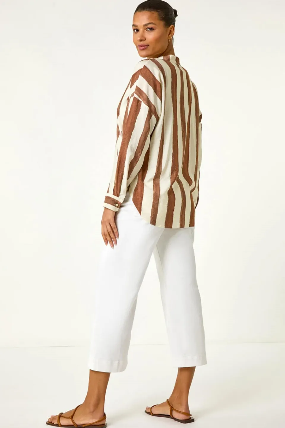 Tops>Roman Brown Stripe Print Relaxed Button Shirt