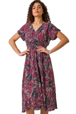 Dresses>Roman Burgundy Abstract Leaf Print Shirred Midi Dress