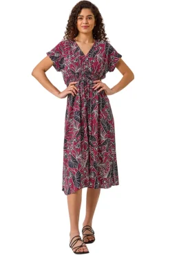 Dresses>Roman Burgundy Abstract Leaf Print Shirred Midi Dress