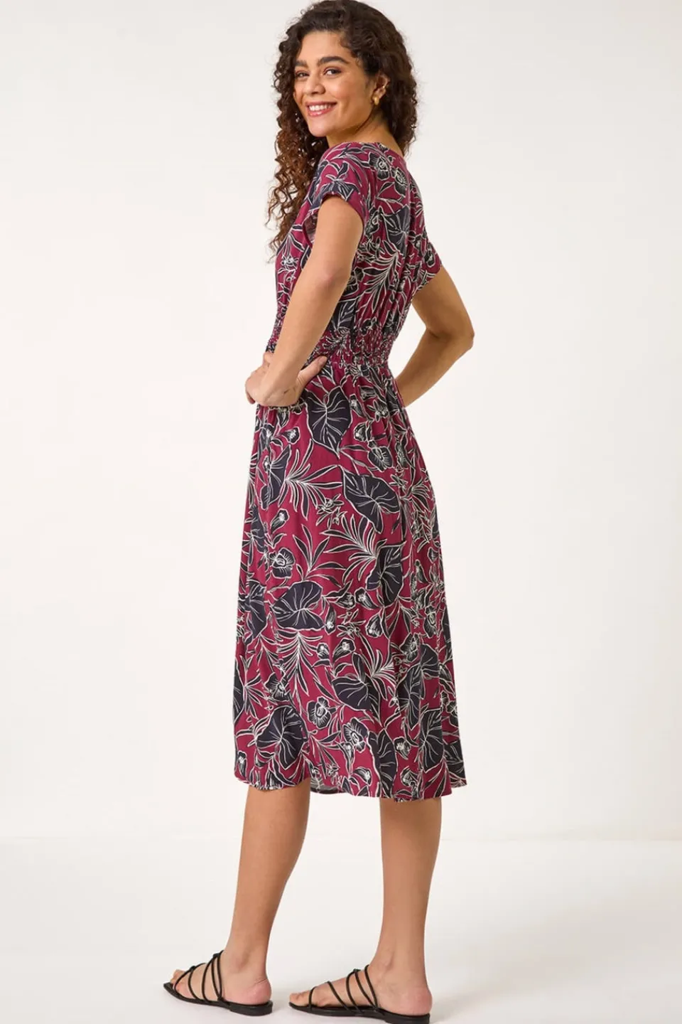Dresses>Roman Burgundy Abstract Leaf Print Shirred Midi Dress
