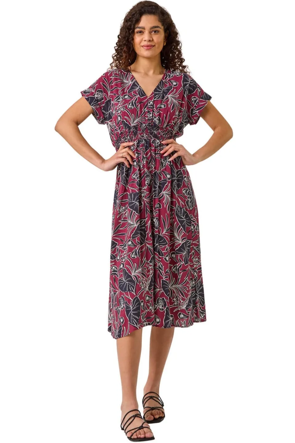 Dresses>Roman Burgundy Abstract Leaf Print Shirred Midi Dress