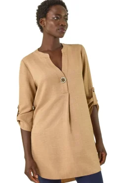 Tops>Roman Horn Button Detail Longline Top Camel