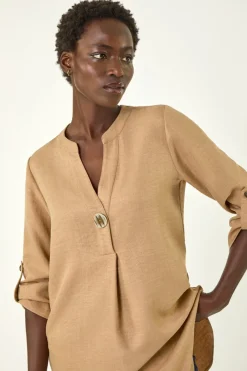 Tops>Roman Horn Button Detail Longline Top Camel
