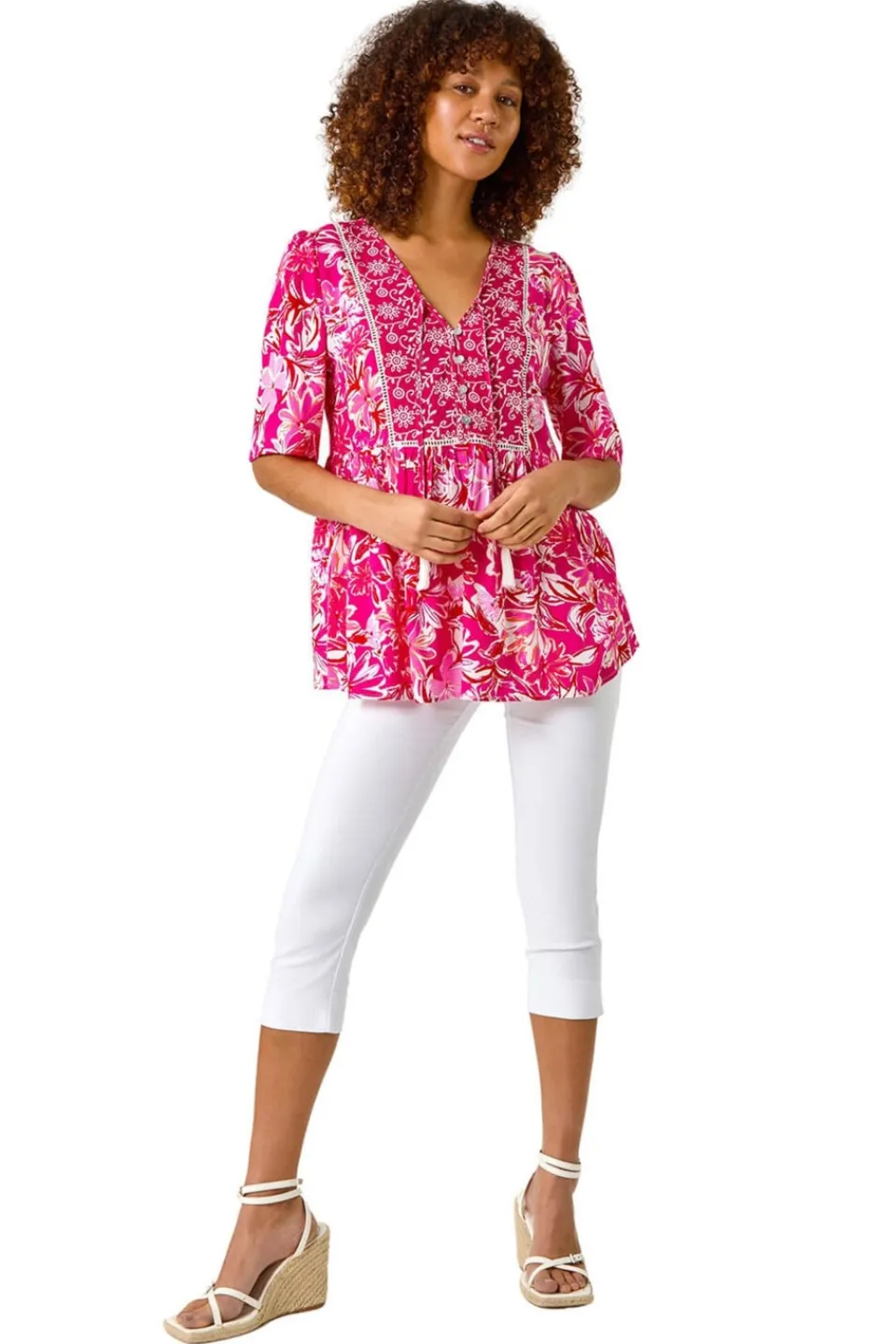 Tops>Roman Candy Pink Abstract Floral Print Tassel Top