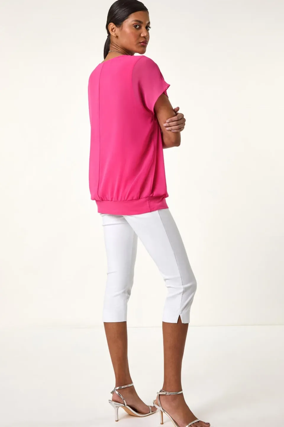 Tops>Roman Candy Pink Chiffon Jersey Blouson Top With Necklace