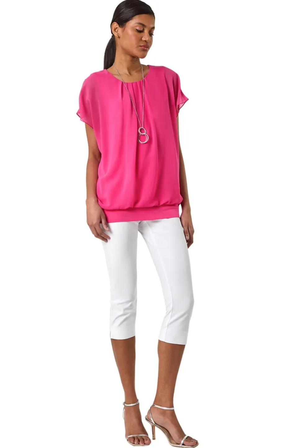 Tops>Roman Candy Pink Chiffon Jersey Blouson Top With Necklace