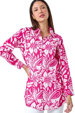 Tops>Roman Candy Pink Floral Print Longline Cotton Shirt