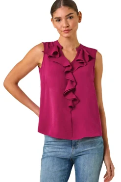 Tops>Roman Candy Pink Linen Ruffle Vest Top