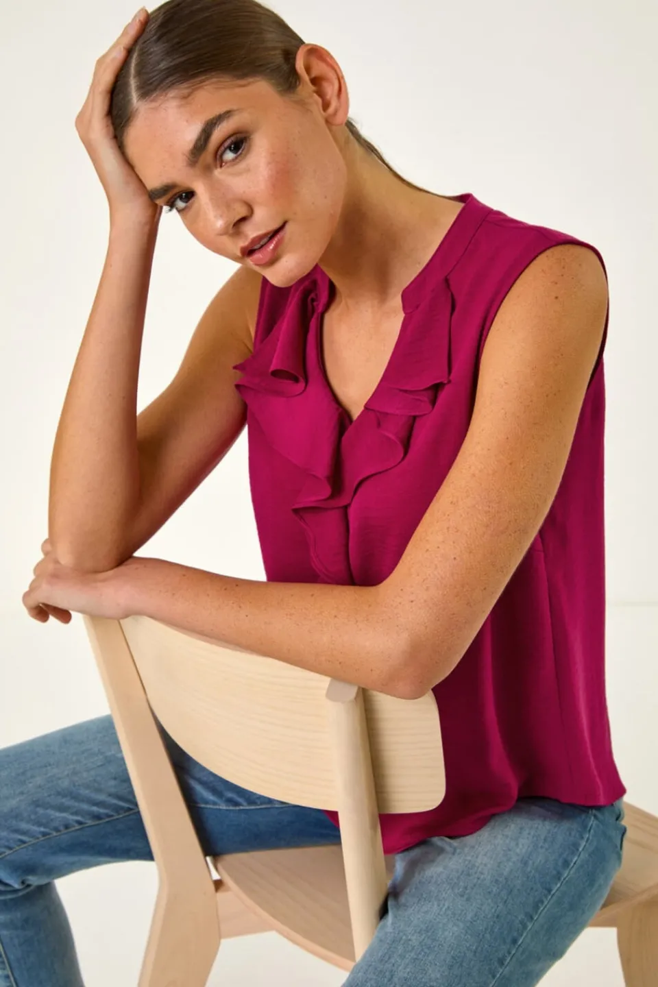 Tops>Roman Candy Pink Linen Ruffle Vest Top
