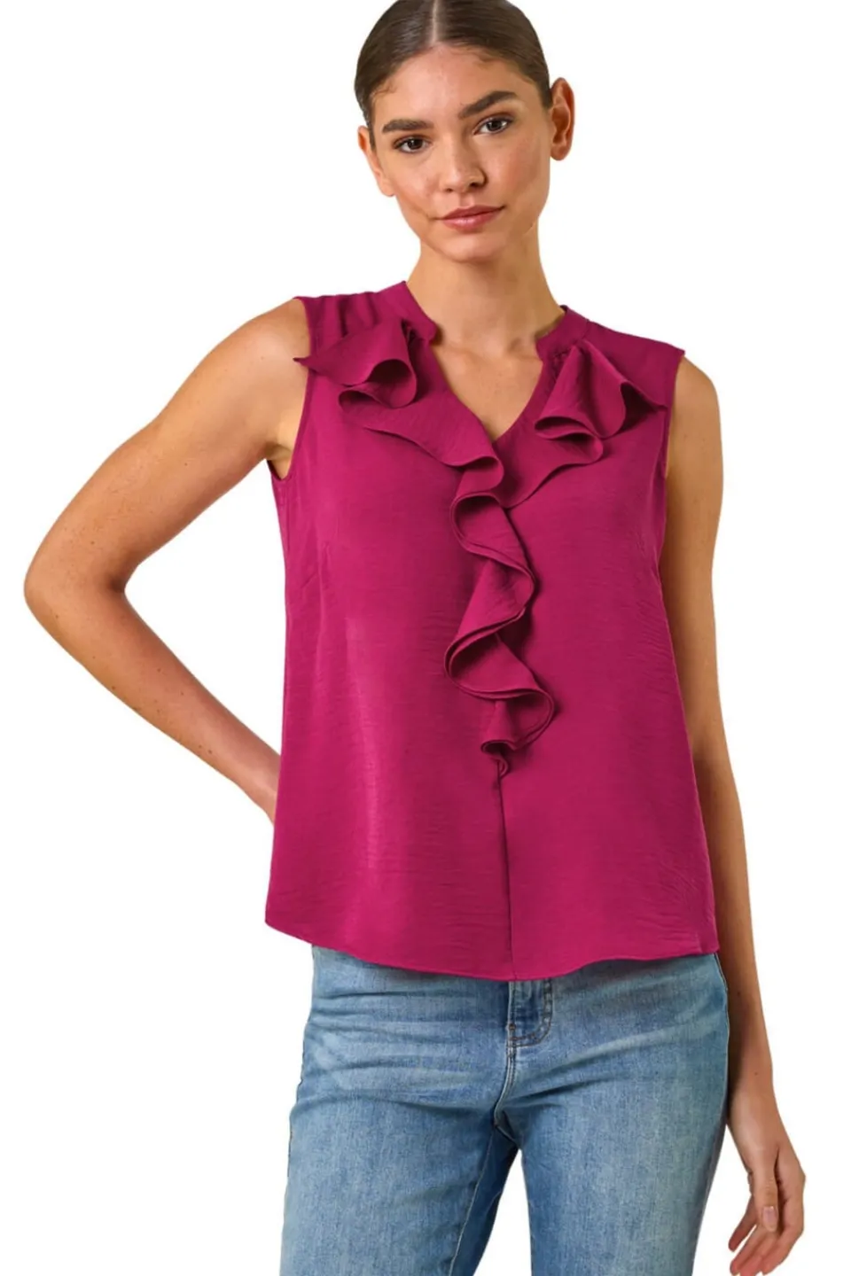 Tops>Roman Candy Pink Linen Ruffle Vest Top