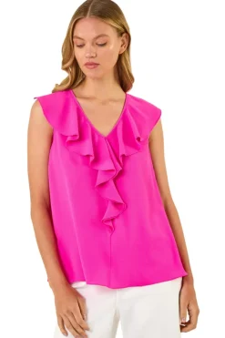 Tops>Roman Candy Pink Ruffle V Neck Vest Top