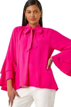 Tops>Roman Cerise Frilled Sleeve Tie Front Top