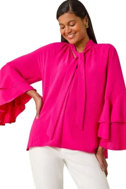 Tops>Roman Cerise Frilled Sleeve Tie Front Top