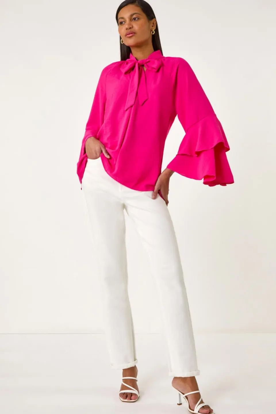 Tops>Roman Cerise Frilled Sleeve Tie Front Top