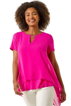Tops>Roman Cerise Ring Front Chiffon Overlay Top
