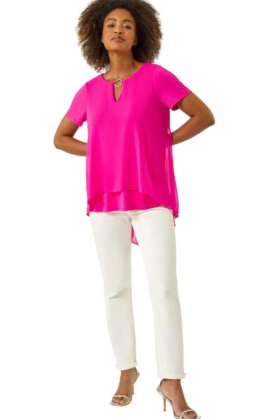 Tops>Roman Cerise Ring Front Chiffon Overlay Top