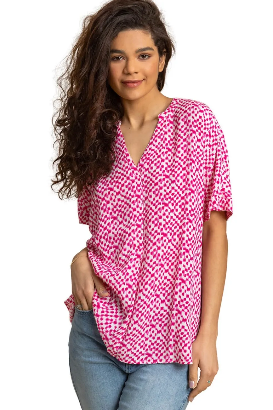 T-Shirts>Roman Cerise Spot Print V-Neck Tunic Top