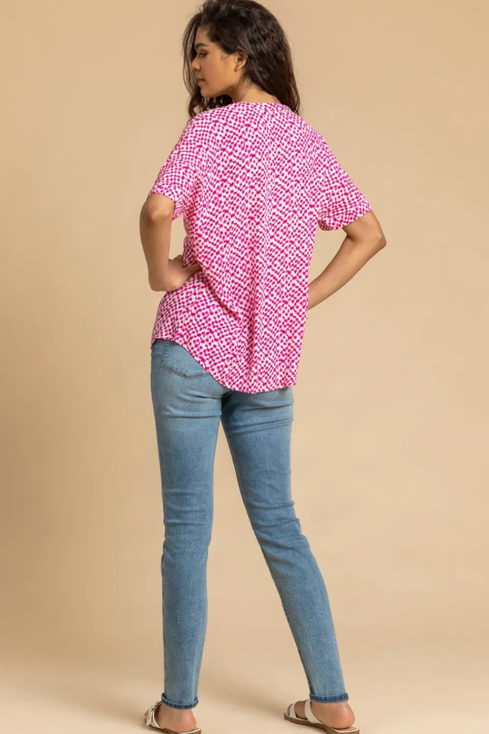 T-Shirts>Roman Cerise Spot Print V-Neck Tunic Top