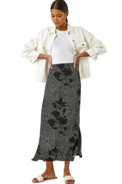 Skirts>Roman Charcoal Abstract Leaf Print Maxi Skirt