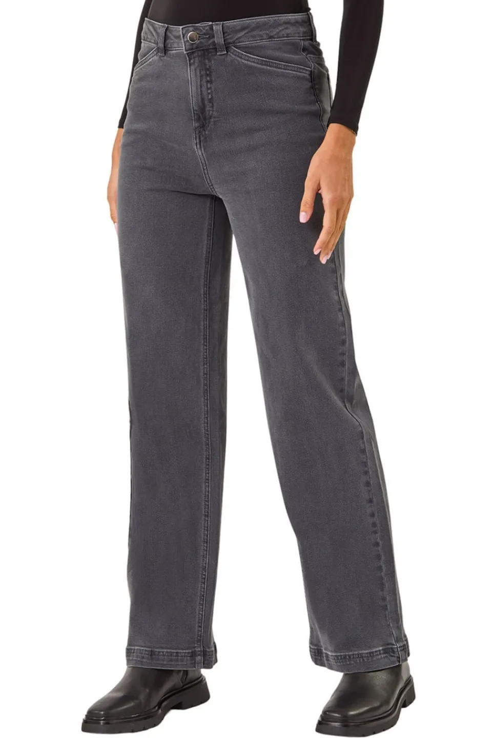 Jeans & Jeggings>Roman Charcoal Cotton Blend Wide Leg Stretch Jeans BlackCharcoal