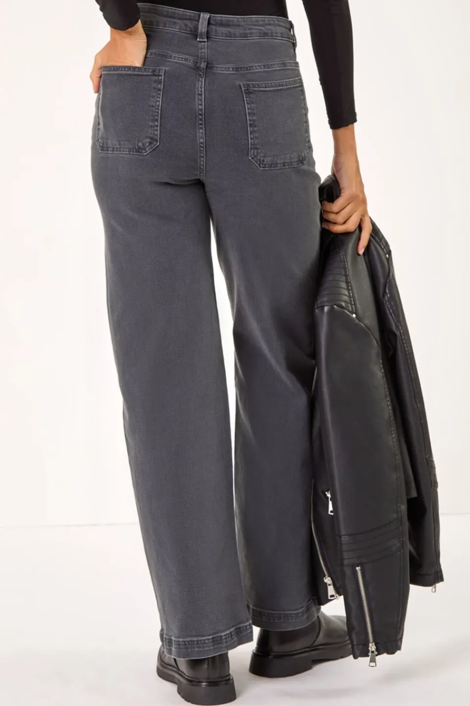 Jeans & Jeggings>Roman Charcoal Cotton Blend Wide Leg Stretch Jeans BlackCharcoal