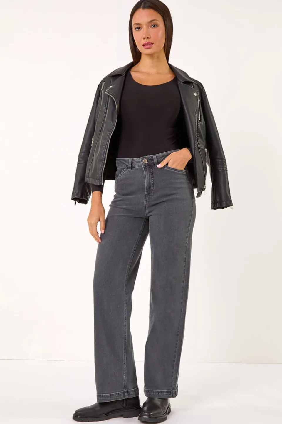 Jeans & Jeggings>Roman Charcoal Cotton Blend Wide Leg Stretch Jeans BlackCharcoal