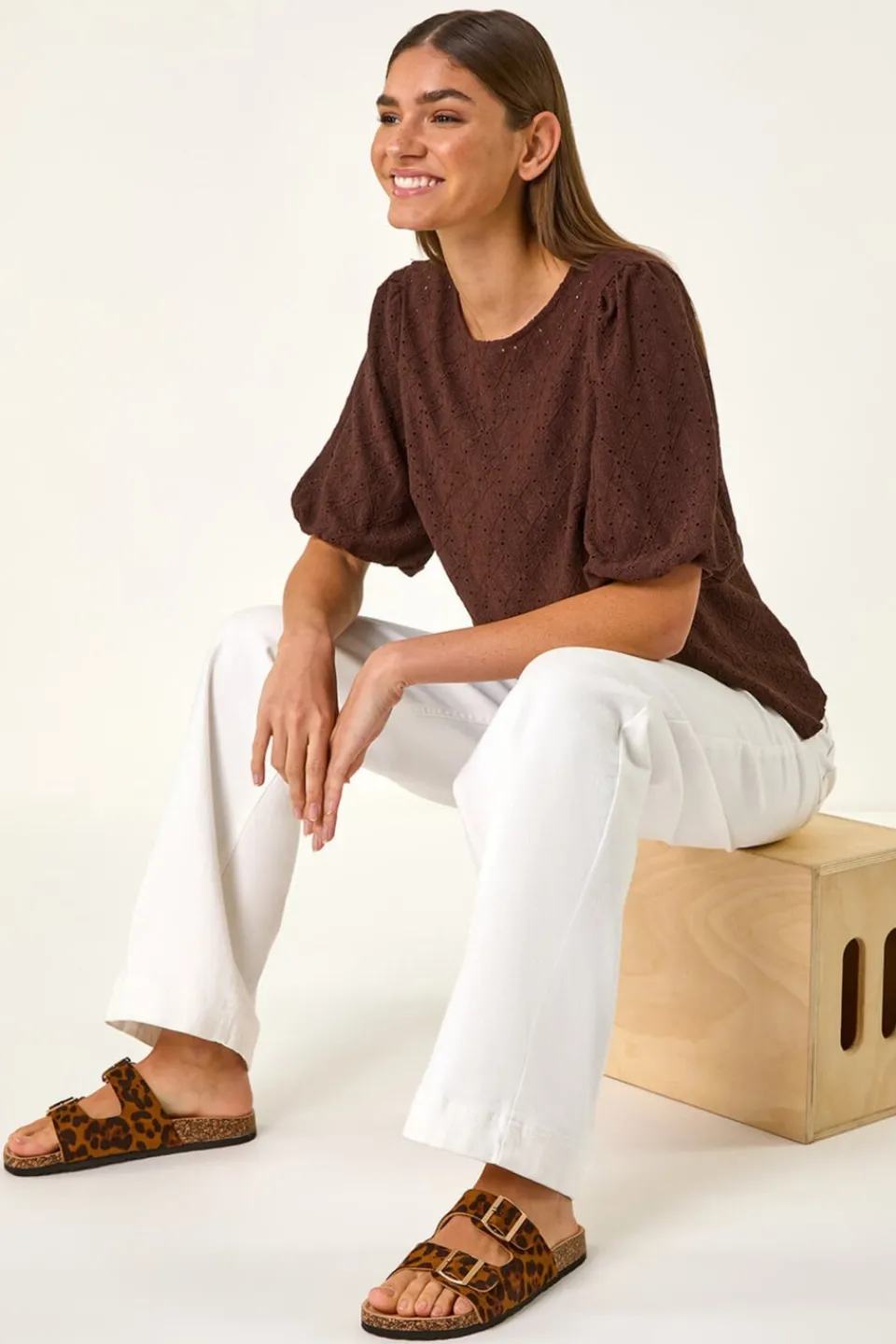 Tops>Roman Chocolate Broderie Puff Sleeve Top