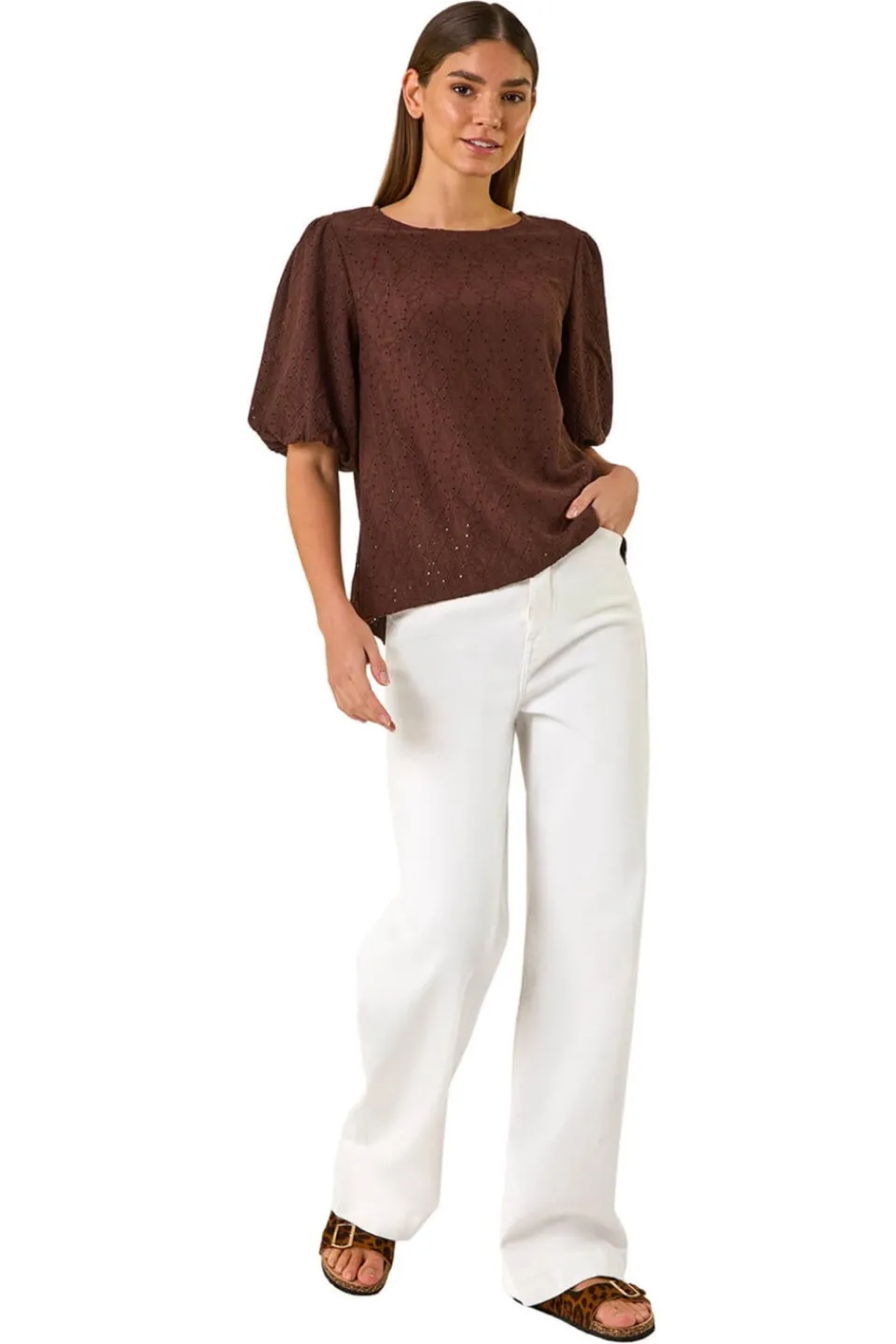 Tops>Roman Chocolate Broderie Puff Sleeve Top