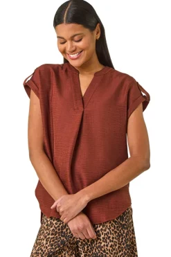 Tops>Roman Chocolate Pleated Notch Neck Top