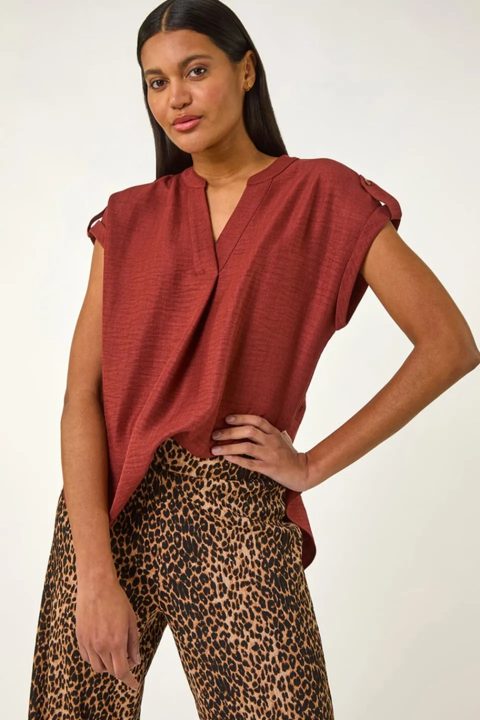 Tops>Roman Chocolate Pleated Notch Neck Top