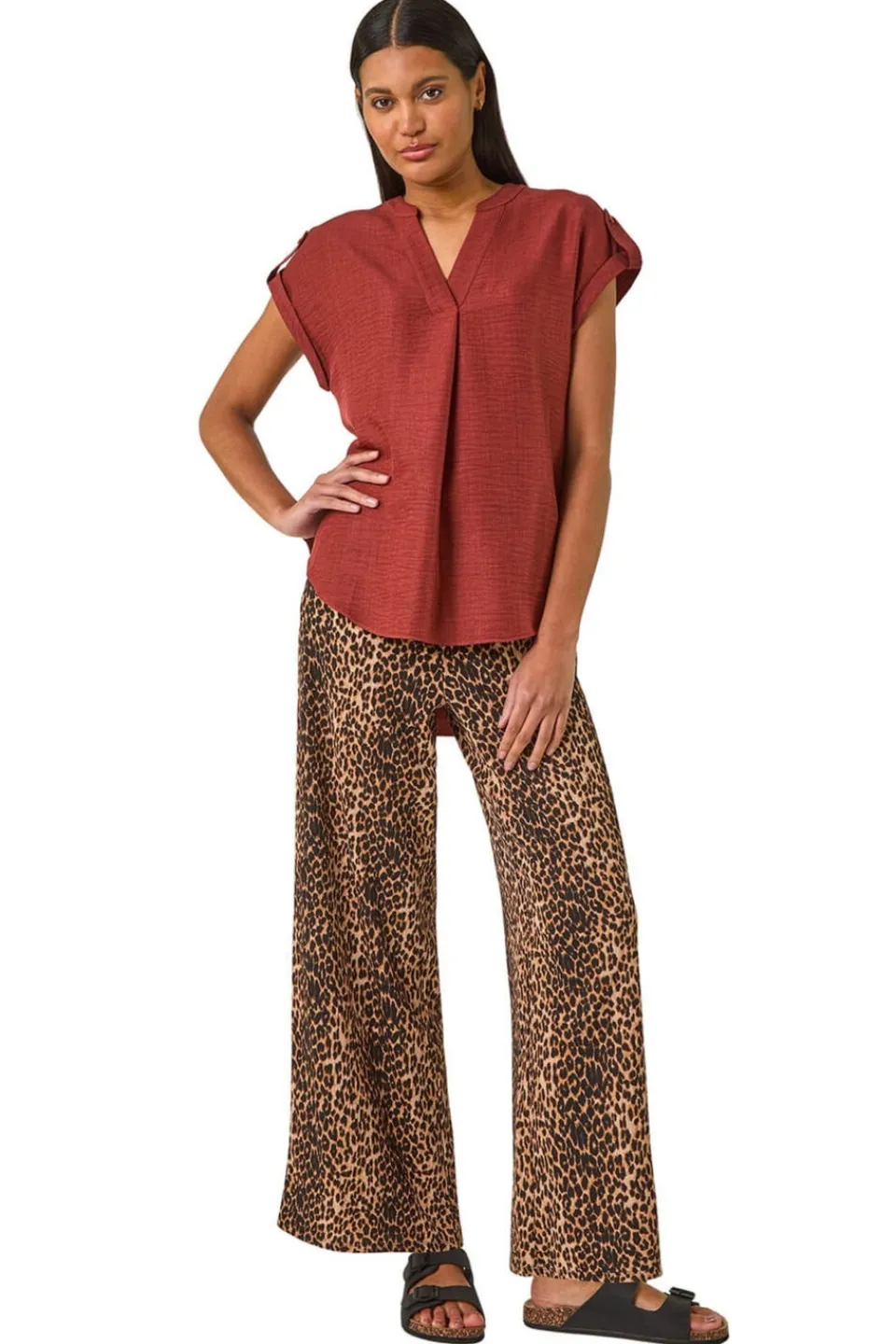 Tops>Roman Chocolate Pleated Notch Neck Top