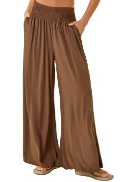 Trousers>Roman Chocolate Relaxed Ruched Wide Leg Trouser