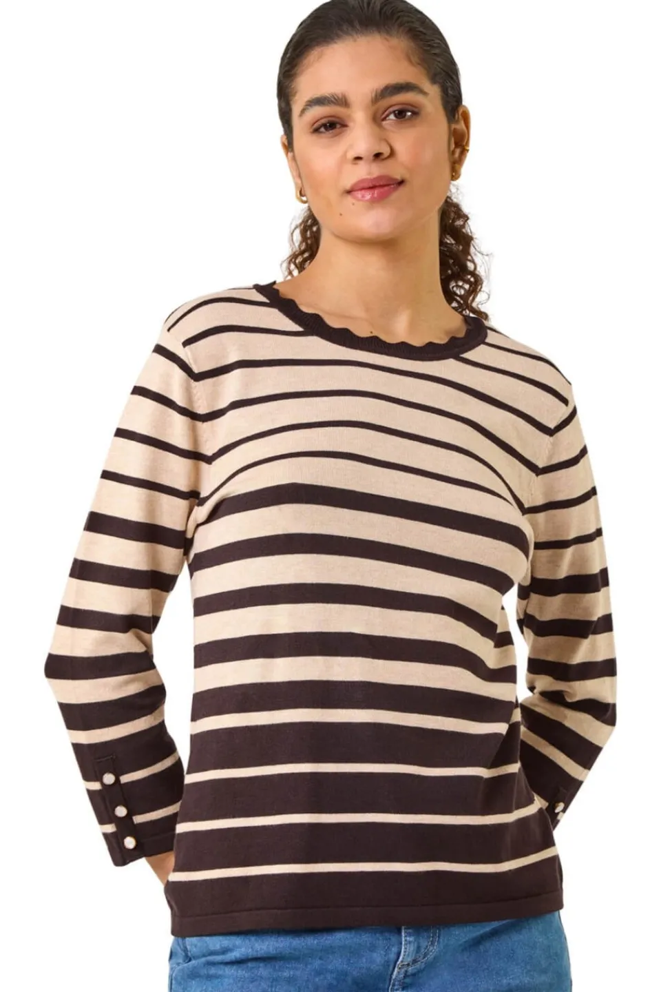 Tops>Roman Chocolate Stripe Scallop Neck Knit Jumper