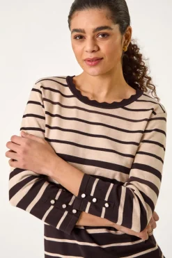 Tops>Roman Chocolate Stripe Scallop Neck Knit Jumper