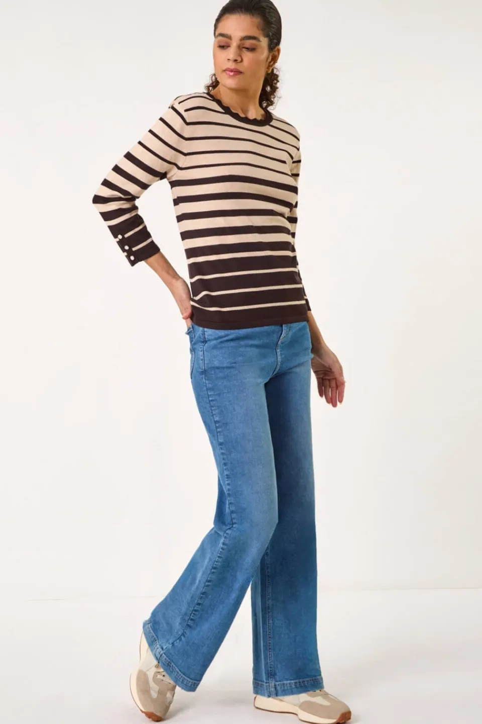 Tops>Roman Chocolate Stripe Scallop Neck Knit Jumper