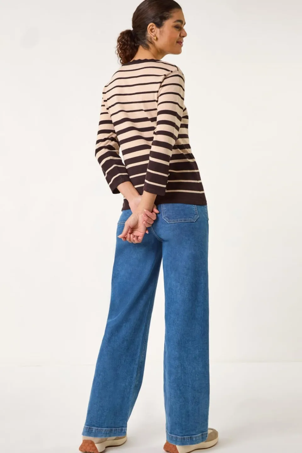 Tops>Roman Chocolate Stripe Scallop Neck Knit Jumper