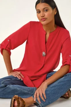 Tops>Roman Button Detail Longline Blouse Coral