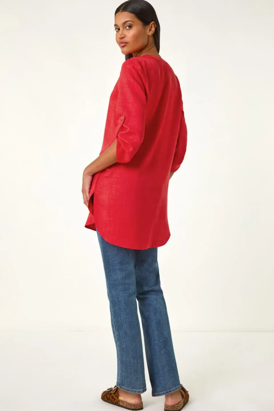 Tops>Roman Button Detail Longline Blouse Coral