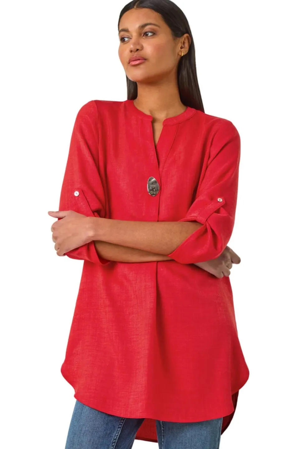 Tops>Roman Button Detail Longline Blouse Coral