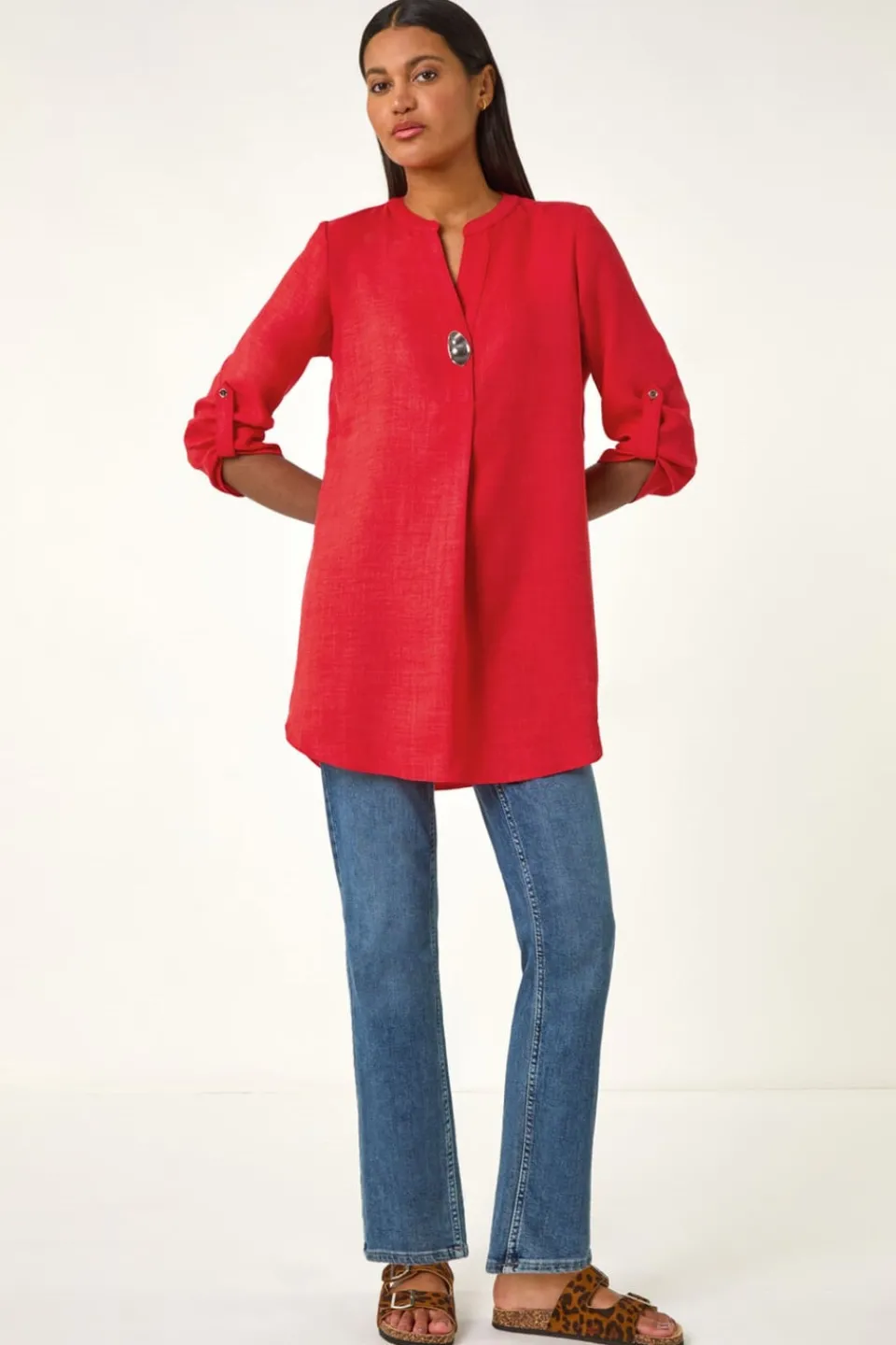 Tops>Roman Button Detail Longline Blouse Coral