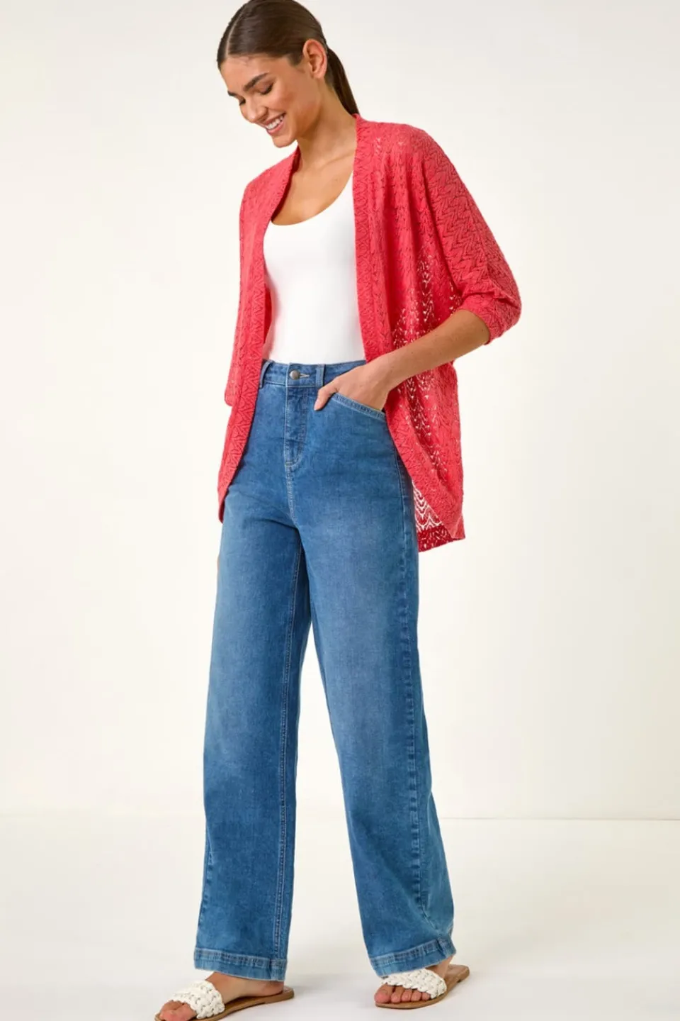 Tops>Roman Coral Cotton Crochet Tunic Cardigan