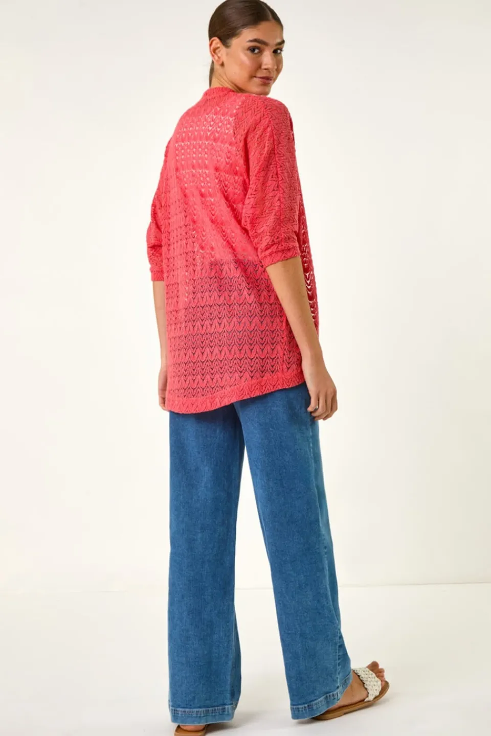 Tops>Roman Coral Cotton Crochet Tunic Cardigan